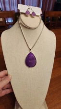 Charming Charlie 28"  silver tone necklace purple pendant earrings jewelry n2