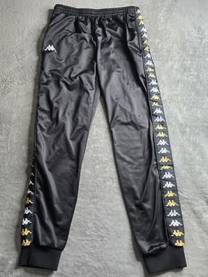 Kappa Joggers Mens Medium Black Gold White Track Pants Sports Trousers 28.5''