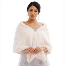 Wedding Shawl Faux Fur Wraps Bridal Stole Scarf Rhinestones Brooch Beige