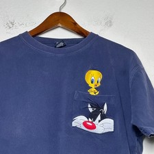 VTG Warner Bros Looney Tunes Tweety Men M T Shirt Bird Sylvester Graphic Blue
