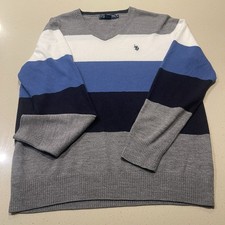 US Polo Assn. Men's Large Pullover Sweater V-Neck Black White Gray Blue Striped
