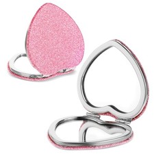 2 Pack Pink Heart Shaped Compact Mirror, Double-Sided Glitter Magnifying Silver
