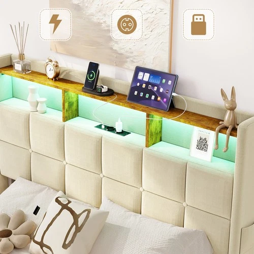 Polsterbett Doppelbett 140x200 cm Bett Bettgestell mit LED Licht /USB Lattenrost - Bild 29 von 40