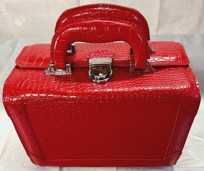 Vintage Macy's Red Leather Embossed Makeup Jewelry Travel Case Tote 2 Trays Nice