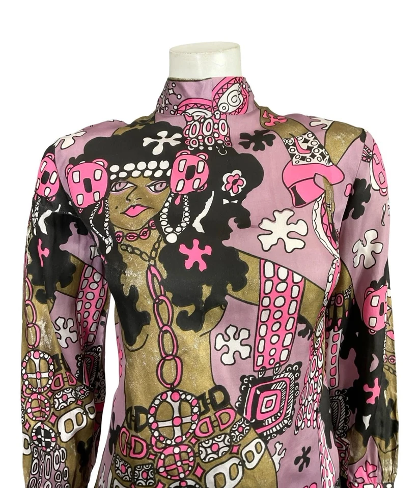 VTG 70S LILAC BROWN PINK BLACK WHITE LADY FLOWER GRAPHIC FUNNEL SHIFT TOP 12 - Image 4 of 4