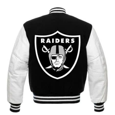 Mens Vinatge 80's Las Raider Black Wool Genuine Leather Sleeves Varsity Jacket