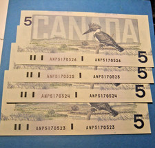 4 Consecutive 1986 Canada Banknotes - EF40/AU