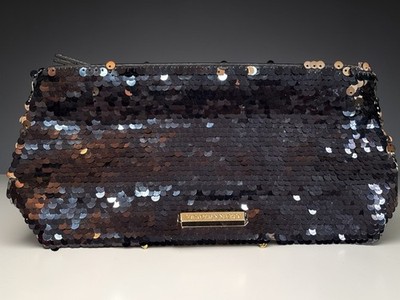 Victorias Secret Black Sequin Cosmetic Bag With Gold Details And Zipper Closure