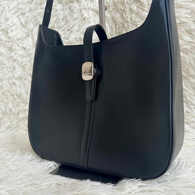 Courreges Black Formal Leather One Shoulder Bag with Silver Logo - Auth