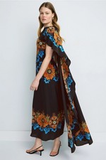 La DoubleJ Magic Caped Floral Silk Maxi Dress Gown Black - Size Medium