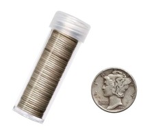 50 Mercury Dimes $5 face 90% Silver EF Cond. 1944 WWII P,D,&S Plastic Roll & Cap