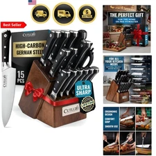 Kitchen Knife Set 15 Pieces High Carbon Stainless Steel Blades Walnut Block