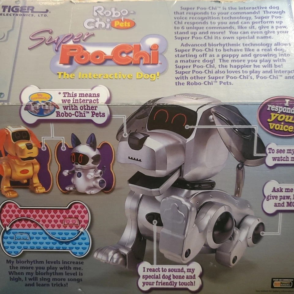 Super Poo-chi 2000, A Robo-chi Pets de Tiger Electronics, plateado y azul con hueso Foto 4 de 4