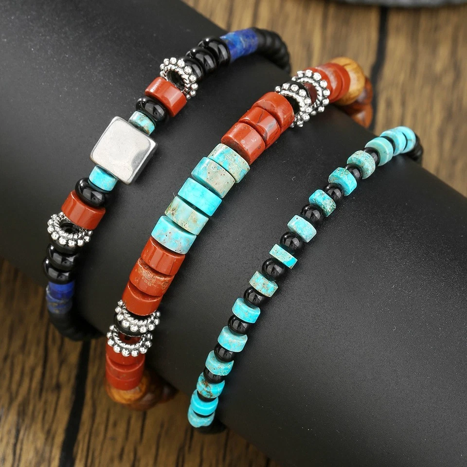 3Pcs/Set Mens Tribal Beaded Bracelet Set Turquoise Black Red Handmade Jewelry - Image 4 of 4