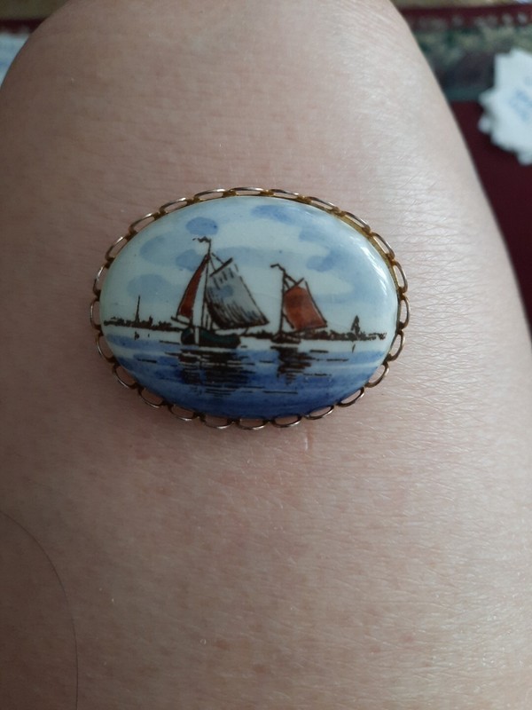 Delft Holland Hand Painted Porcelain Brooch Nautical Scene Gold Tone 