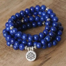 108 Mala Beads Lapis Lazuli Prayer Bracelet 8mm Gemstone Lotus Pendant Necklace