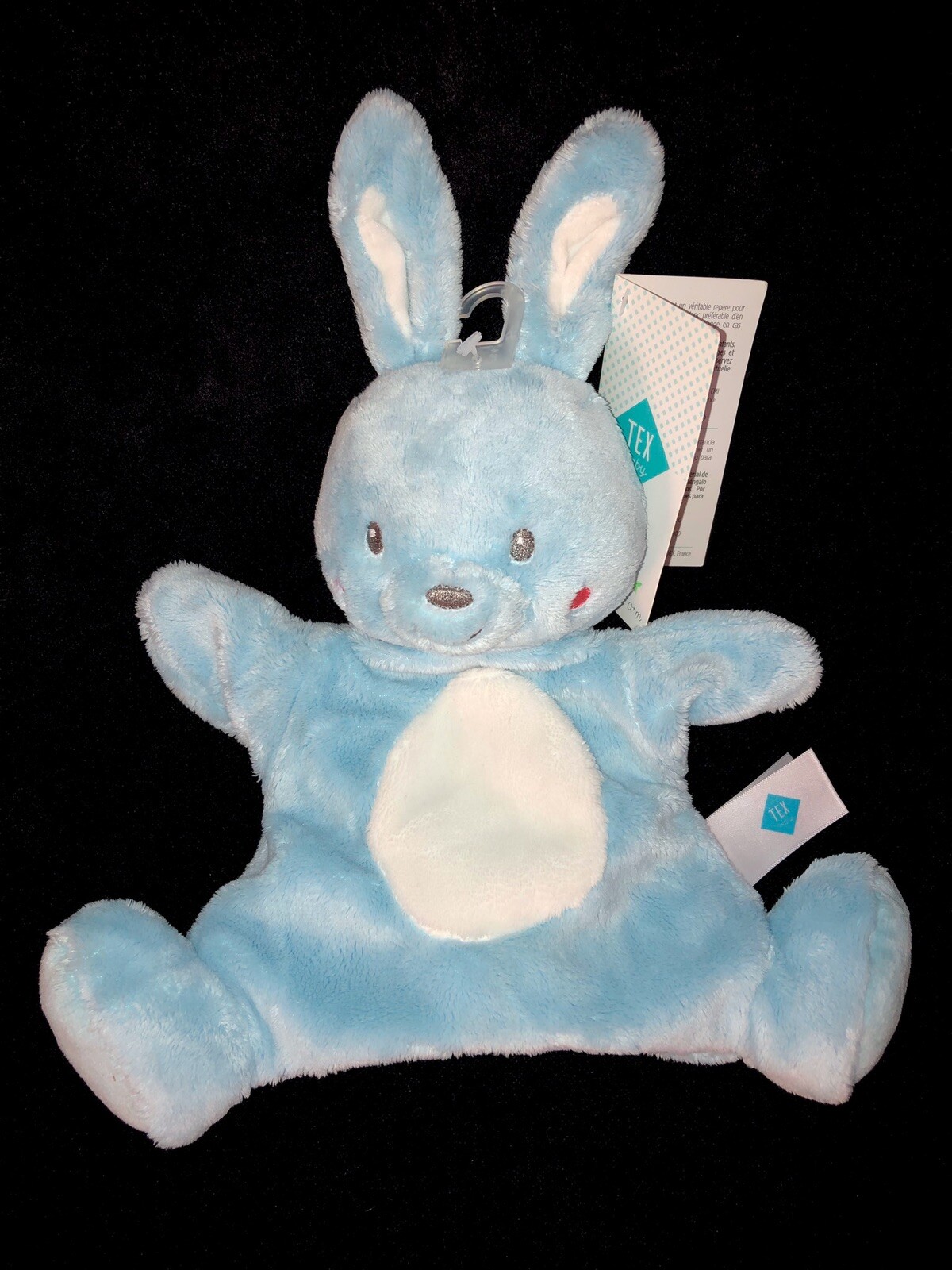 Lapin Tex Baby Carrefour doudou marionnette bleu pour les histoires du soir de bébé