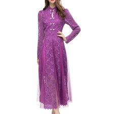 Women Chinese Lace Cheongsam Elegant Dresses Slit Retro Stand Collar Long Qipao