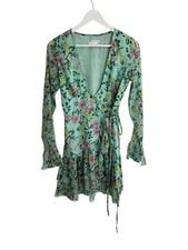 ASOS Green Floral Wrap Dress Mini Long Sleeve Boho Designer Size 8