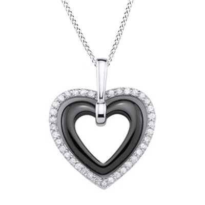 Black Ceramic Heart & 1/3ct April Birthstone Diamond Heart Pendant Sterling-IGI-