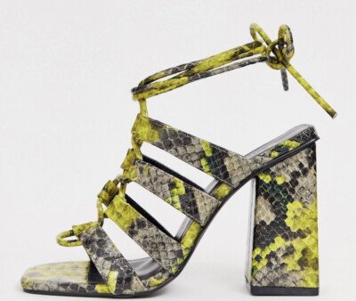 Simmi London Jamma Snake Print Ankle Tie Block Heels UK