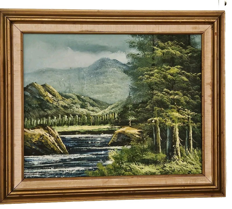 ORIGINAL OIL PAINTING FT. RIVER, FOREST  AND MOUNTAINS IN GOLD FRAME. VINTAGE.