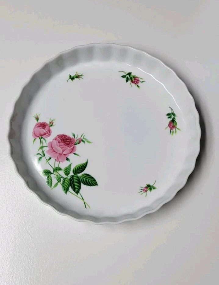 Christineholm Porcelain Rose Fluted Quiche Tart Pie Plate 9.5" Baking Dish EUC