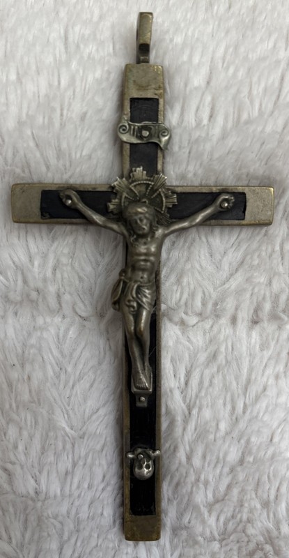 Antique1800's Victorian Ebony Priest Skull&Crossbones Crucifix Cross Pendant5.5"