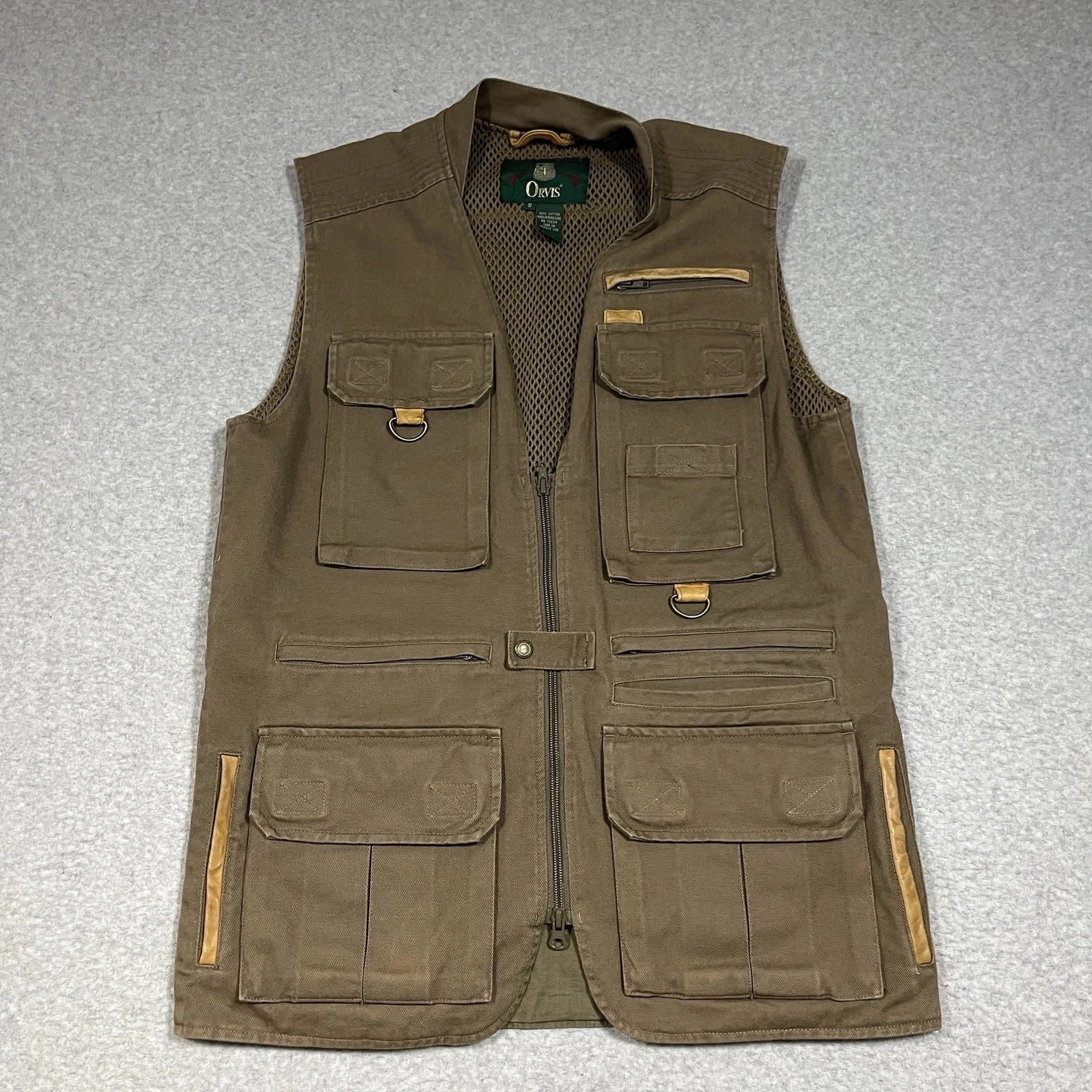 Vintage Orvis Vest Mens Small Brown Canvas Hunting Utility Fishing Full Zip