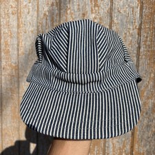 VTG Hickory Stripe Railroad Engineers Work Train Hat Cap USA Denim Welders 80s