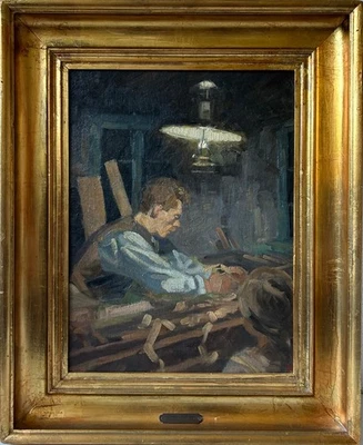Ölbild Impressionist Victor Johansen Werkstatt mit Schneider 57,7 x 47 cm - Bild 1 von 4