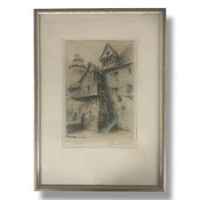 Paul Geissler Nuremberg Castle Etching Antique Framed Signed Hand-Colored RARE!
