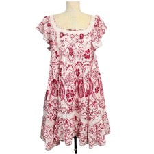 Maeve Anthropologie Red White Floral Lace Trim Dress Boho Cottagecore M