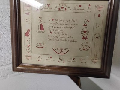 Americana Framed Collectible Sampler Beige Red Paper Decorative Motifs
