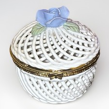 Vtg Italian Hand Made Porcelain Woven Basket Bowl Pink Roses Capodimonte Style