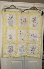 Hand Made Children  s Baby Three Bears Quilt Hand Embroidered Sewn 36x40 Yellow
