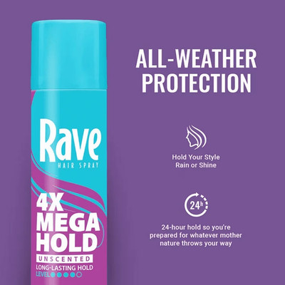Rave 4X Mega Hold Hair Spray, All-Weather with Vitamin-Rich Formula, 11 oz