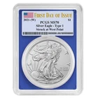 2021 (W) $1 Type 1 American Silver Eagle PCGS MS70 FDOI Flag Label Blue Frame