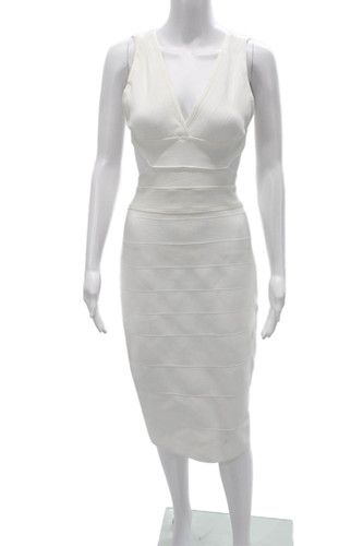 Herve Leger Women Bodycon Pencil Dress White V Neck Sleeveless Size L