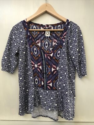 Akemi + Kin Anthropologie Blue Purple Boho Embroidered Notch Neck Peplum Top S
