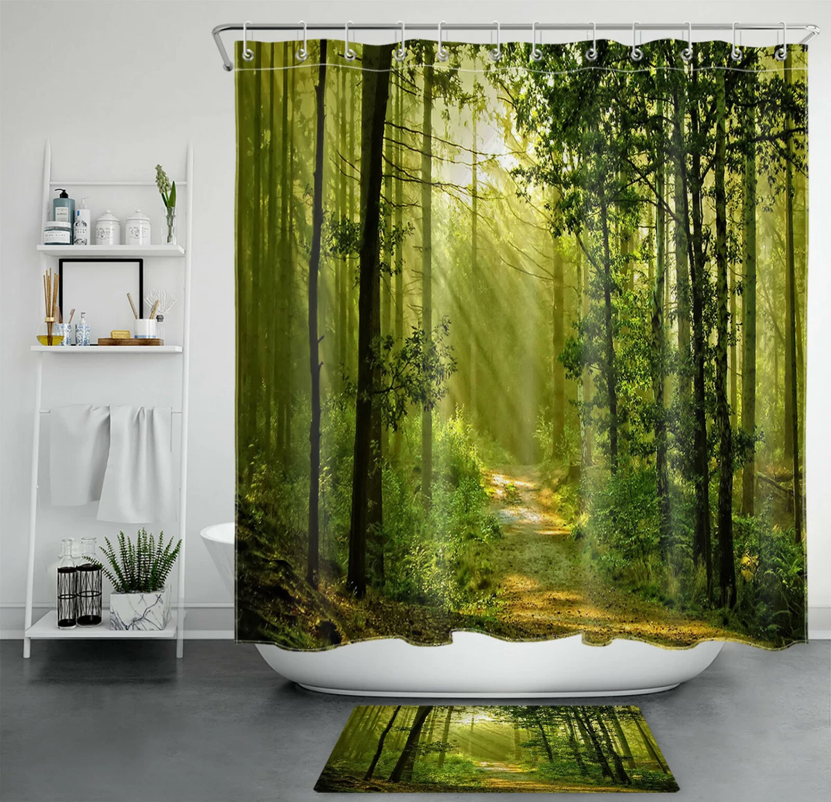 Green Leaf Tree Foggy Forest Natural Scenery Shower Curtain Set Bathroom Decor