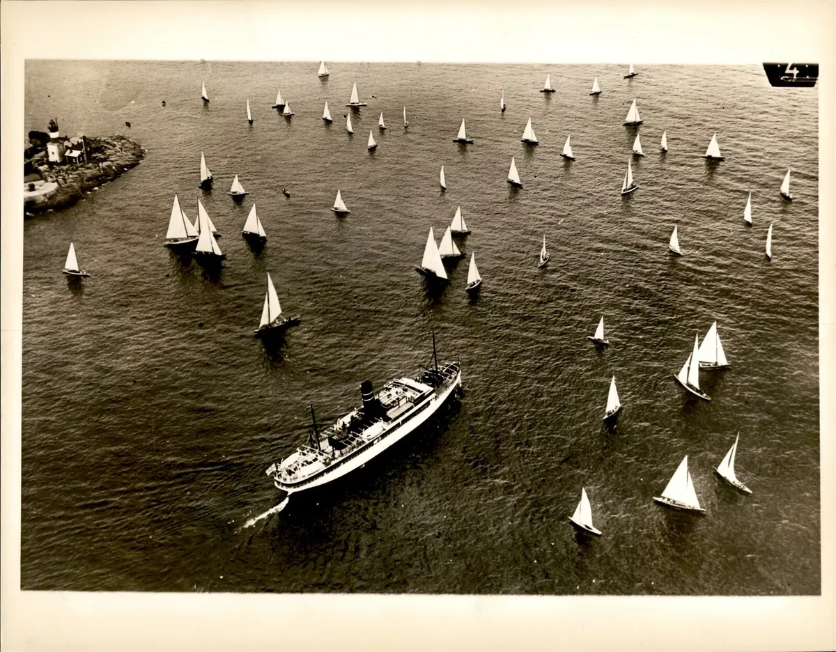 GA132 Orig Photo SHIP SAILING TO SEA Large Group Sail Boats Aerial