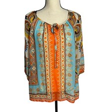 Urban Mango Blouse Womens PXL Boho Colorful Tie Front Lightweight Multicolor