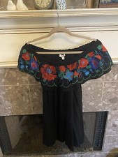 Umgee Women M Black Floral Embroidered Ruffle Off The Shoulder Boho Dress