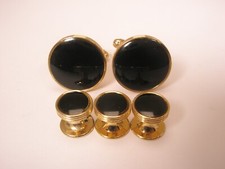 Round Black RIBBED Gold Tone Vintage Formal Cuff Links  Tux Shirt Studs p05