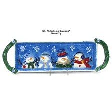 St. Nicholas Square BUTTON UP 16" Treat Tray Cookie Platter Snowmen Blue