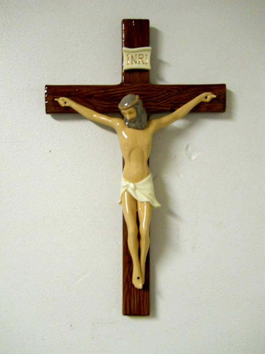 Porcelain Ceramic INRI Cross w/ Jesus Religious Spiritual Wall
