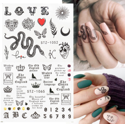 16 Sheets Nail Art Stickers Waterproof Decal Love Words Letters Heart Snake NS8