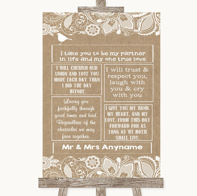 Personalisiertes Hochzeitsschild Sackleinen & Spitze Romantische Gelübde