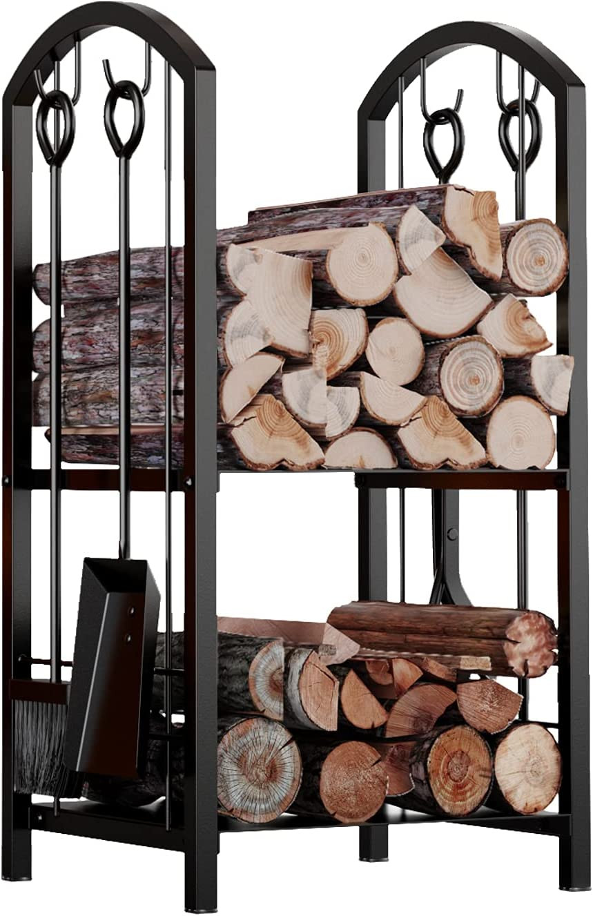 Fireplace Firewood Log Rack 5-Piece Storage Logs Holder with Tools Set with 4 To